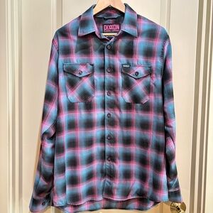DIXXON Shreddy Flannel Blue and Pink Plaid Casual Button Down Long Sleeve Shirt
